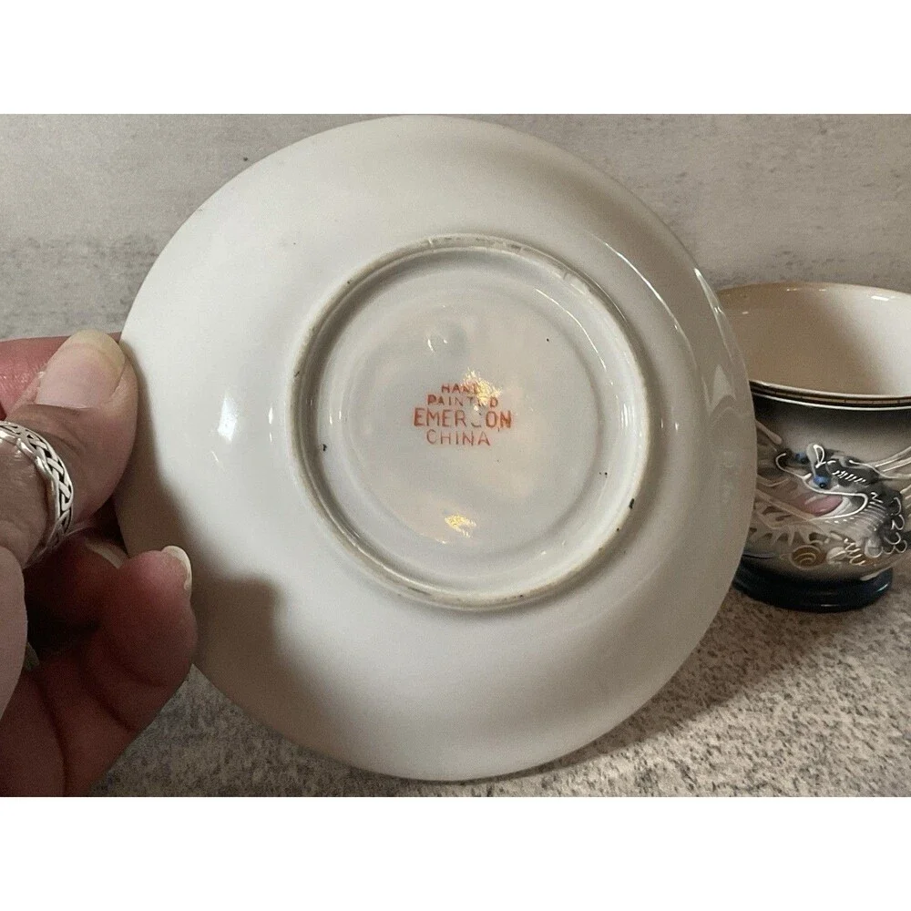 Antique Bone Moriage Raise Oriental Dragon Ware Decorative Espresso Cup & Saucer